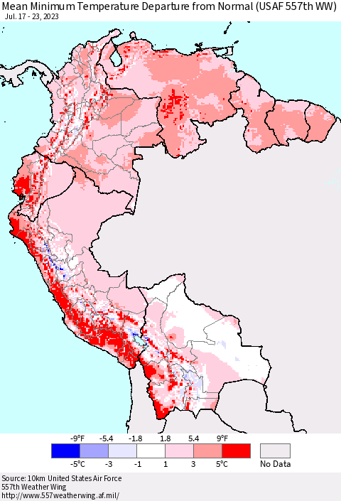 Northern South America Mean Minimum Temperature Departure from Normal (USAF 557th WW) Thematic Map For 7/17/2023 - 7/23/2023