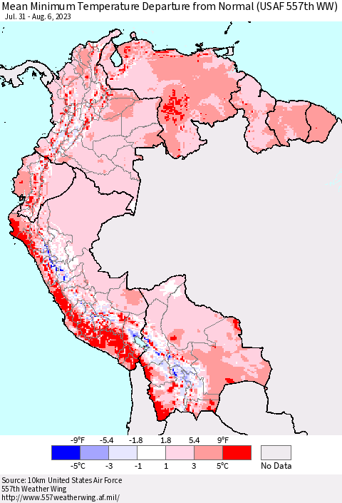 Northern South America Mean Minimum Temperature Departure from Normal (USAF 557th WW) Thematic Map For 7/31/2023 - 8/6/2023