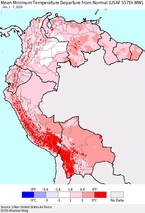 Northern South America Mean Minimum Temperature Departure from Normal (USAF 557th WW) Thematic Map For 1/1/2024 - 1/7/2024
