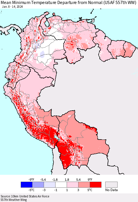 Northern South America Mean Minimum Temperature Departure from Normal (USAF 557th WW) Thematic Map For 1/8/2024 - 1/14/2024