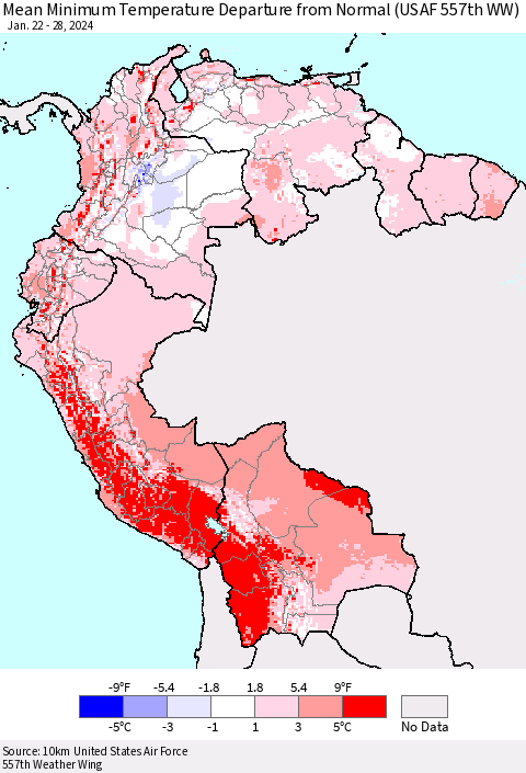 Northern South America Mean Minimum Temperature Departure from Normal (USAF 557th WW) Thematic Map For 1/22/2024 - 1/28/2024