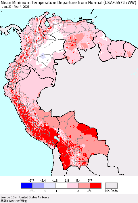 Northern South America Mean Minimum Temperature Departure from Normal (USAF 557th WW) Thematic Map For 1/29/2024 - 2/4/2024