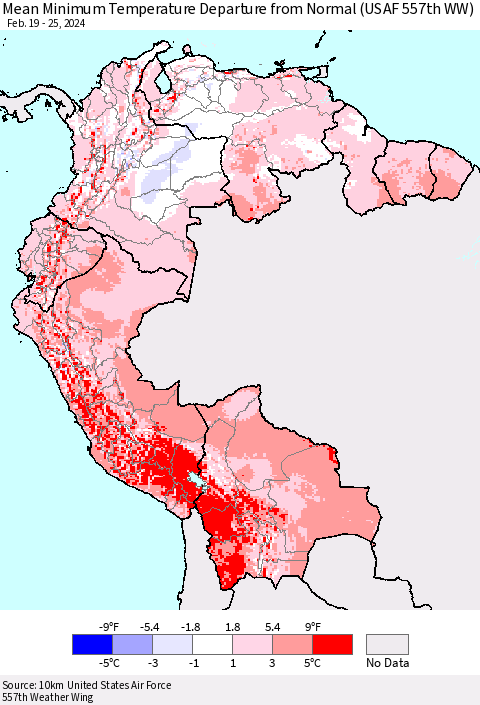 Northern South America Mean Minimum Temperature Departure from Normal (USAF 557th WW) Thematic Map For 2/19/2024 - 2/25/2024