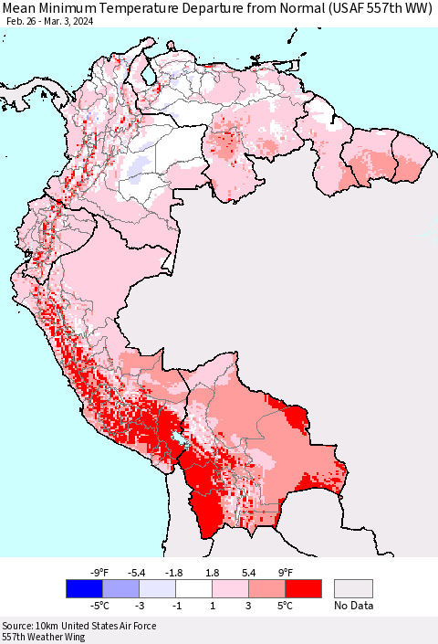 Northern South America Mean Minimum Temperature Departure from Normal (USAF 557th WW) Thematic Map For 2/26/2024 - 3/3/2024
