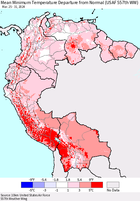 Northern South America Mean Minimum Temperature Departure from Normal (USAF 557th WW) Thematic Map For 3/25/2024 - 3/31/2024