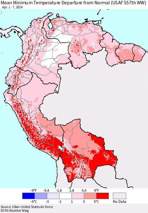 Northern South America Mean Minimum Temperature Departure from Normal (USAF 557th WW) Thematic Map For 4/1/2024 - 4/7/2024