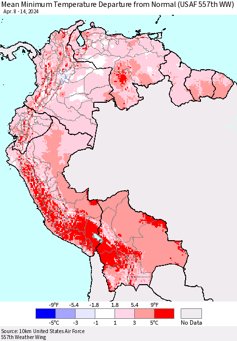 Northern South America Mean Minimum Temperature Departure from Normal (USAF 557th WW) Thematic Map For 4/8/2024 - 4/14/2024