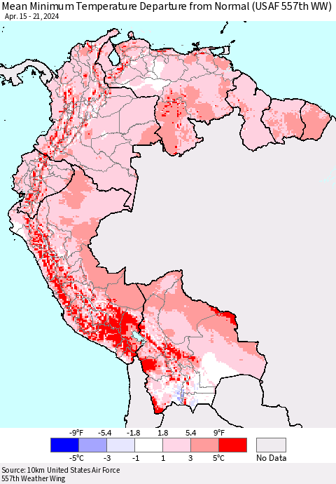 Northern South America Mean Minimum Temperature Departure from Normal (USAF 557th WW) Thematic Map For 4/15/2024 - 4/21/2024