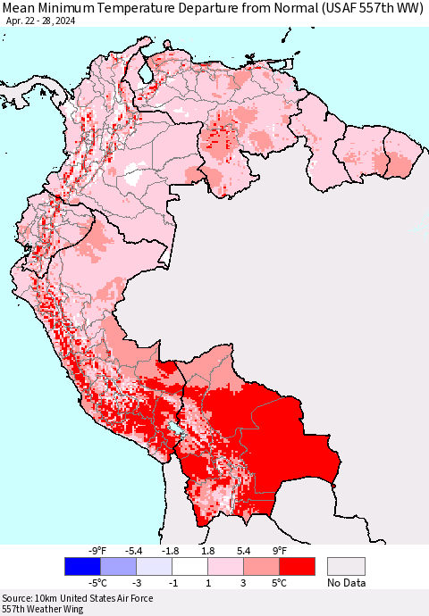 Northern South America Mean Minimum Temperature Departure from Normal (USAF 557th WW) Thematic Map For 4/22/2024 - 4/28/2024