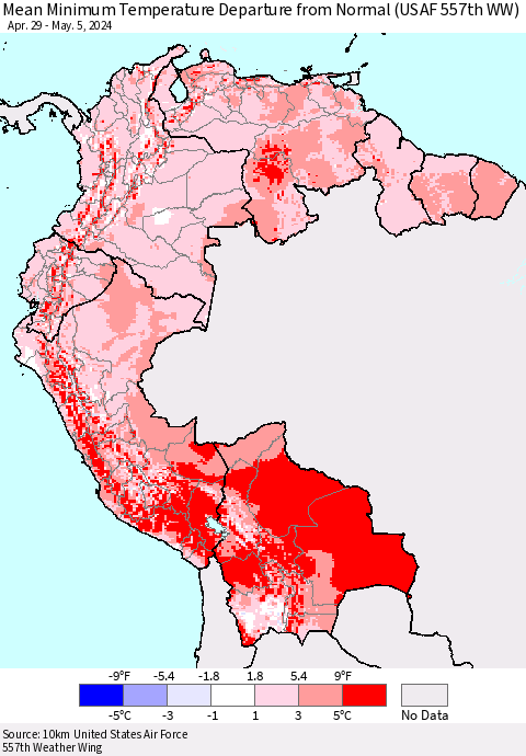 Northern South America Mean Minimum Temperature Departure from Normal (USAF 557th WW) Thematic Map For 4/29/2024 - 5/5/2024