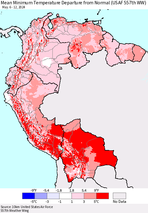 Northern South America Mean Minimum Temperature Departure from Normal (USAF 557th WW) Thematic Map For 5/6/2024 - 5/12/2024