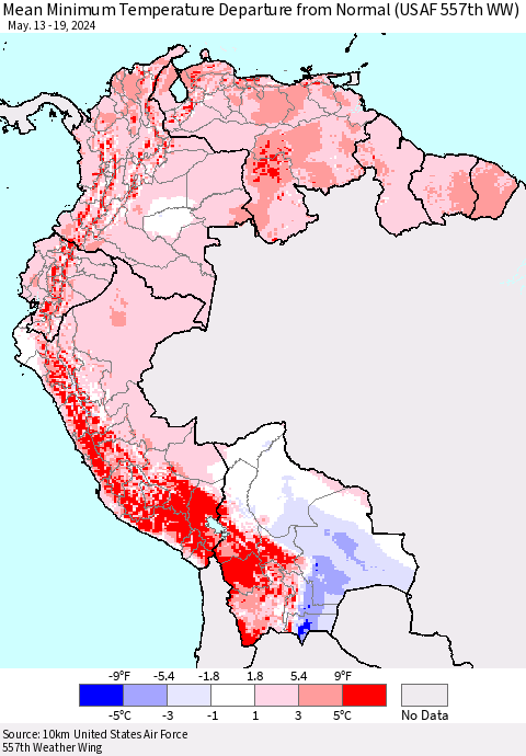 Northern South America Mean Minimum Temperature Departure from Normal (USAF 557th WW) Thematic Map For 5/13/2024 - 5/19/2024