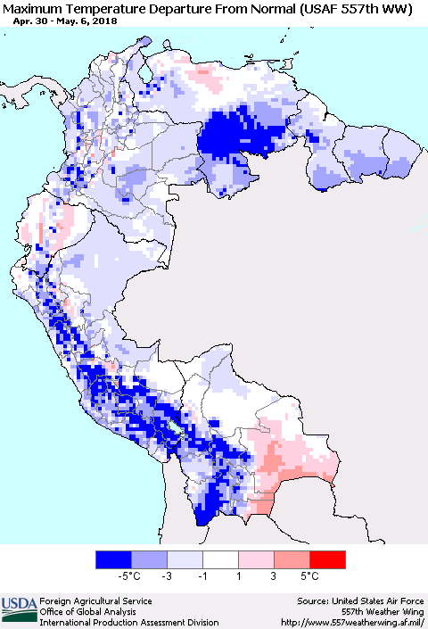 Northern South America Mean Maximum Temperature Departure from Normal (USAF 557th WW) Thematic Map For 4/30/2018 - 5/6/2018