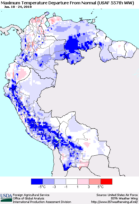 Northern South America Mean Maximum Temperature Departure from Normal (USAF 557th WW) Thematic Map For 6/18/2018 - 6/24/2018