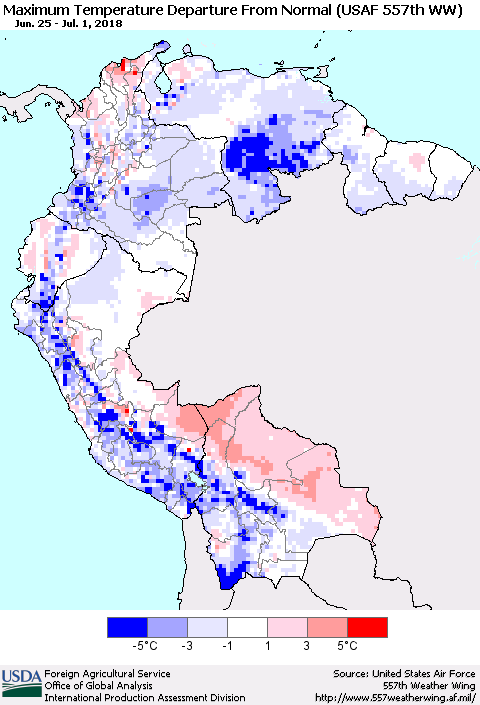 Northern South America Mean Maximum Temperature Departure from Normal (USAF 557th WW) Thematic Map For 6/25/2018 - 7/1/2018