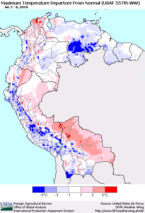 Northern South America Mean Maximum Temperature Departure from Normal (USAF 557th WW) Thematic Map For 7/2/2018 - 7/8/2018