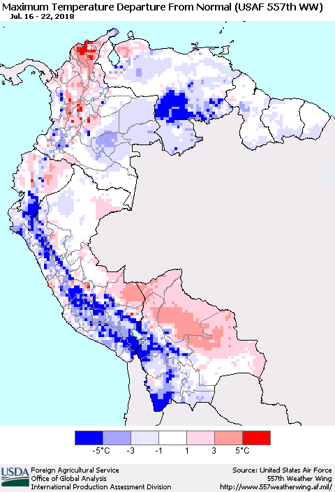 Northern South America Mean Maximum Temperature Departure from Normal (USAF 557th WW) Thematic Map For 7/16/2018 - 7/22/2018