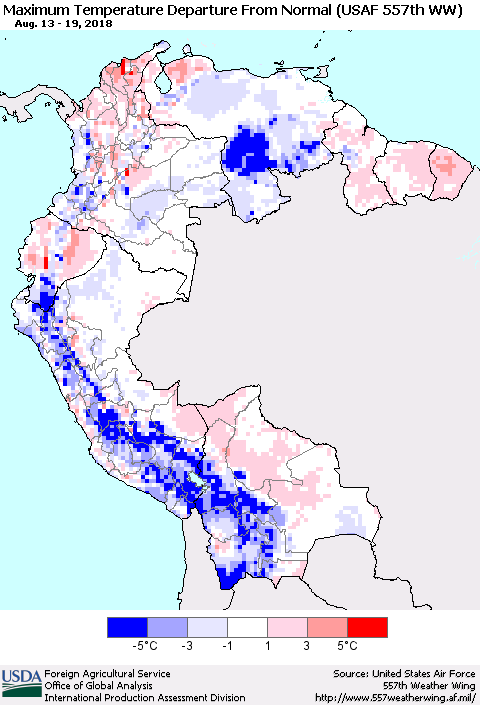 Northern South America Mean Maximum Temperature Departure from Normal (USAF 557th WW) Thematic Map For 8/13/2018 - 8/19/2018