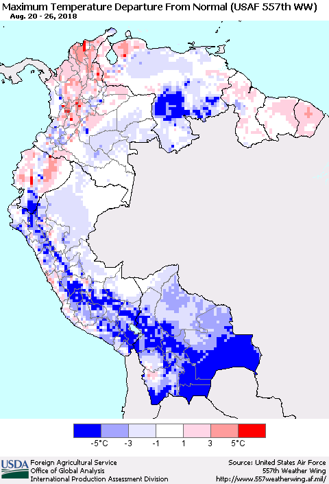 Northern South America Mean Maximum Temperature Departure from Normal (USAF 557th WW) Thematic Map For 8/20/2018 - 8/26/2018