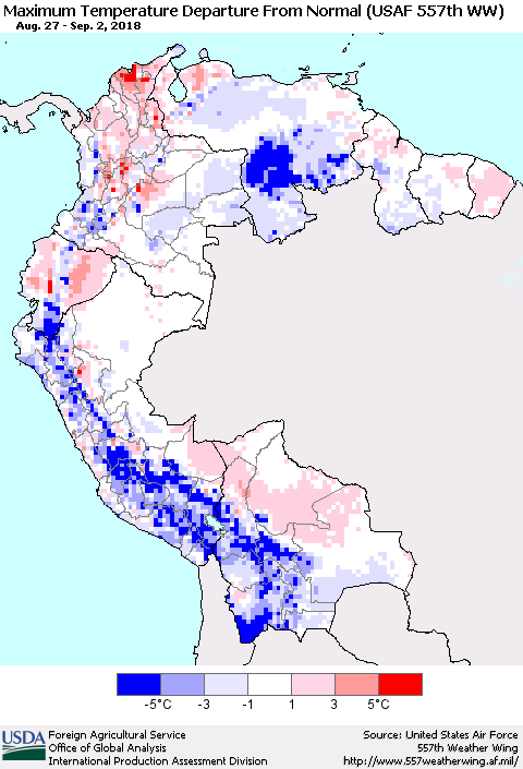 Northern South America Mean Maximum Temperature Departure from Normal (USAF 557th WW) Thematic Map For 8/27/2018 - 9/2/2018