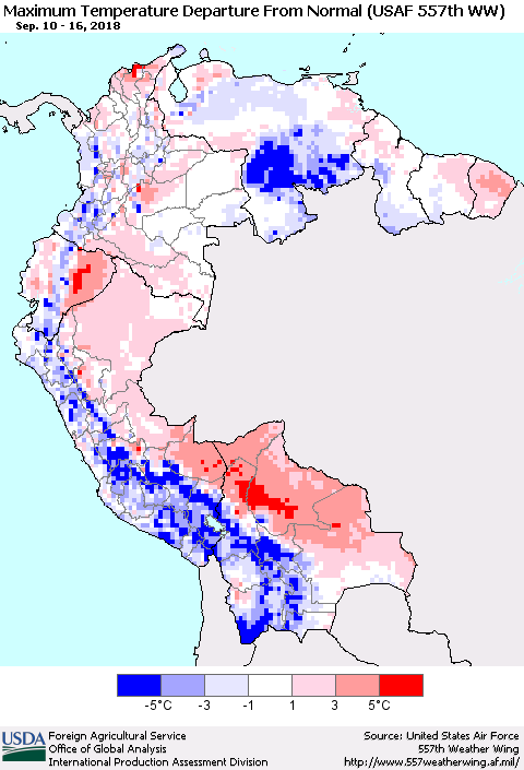 Northern South America Mean Maximum Temperature Departure from Normal (USAF 557th WW) Thematic Map For 9/10/2018 - 9/16/2018