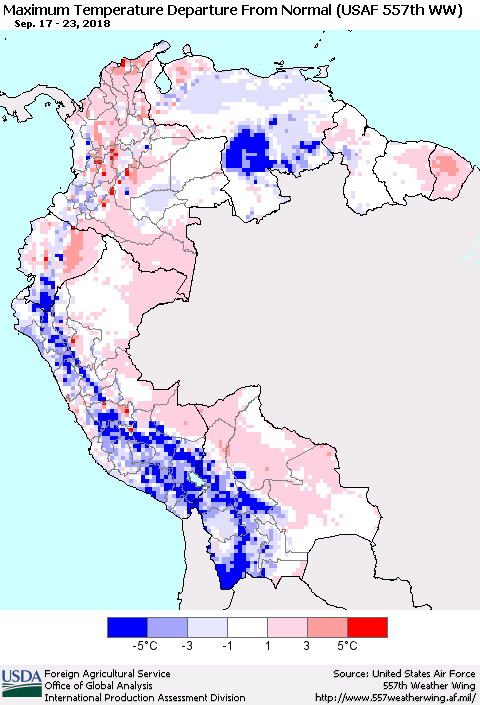 Northern South America Mean Maximum Temperature Departure from Normal (USAF 557th WW) Thematic Map For 9/17/2018 - 9/23/2018
