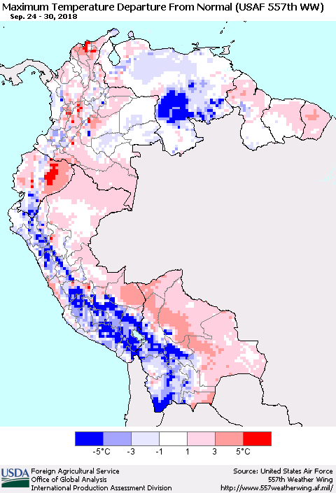 Northern South America Mean Maximum Temperature Departure from Normal (USAF 557th WW) Thematic Map For 9/24/2018 - 9/30/2018