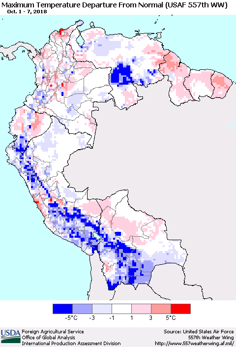 Northern South America Mean Maximum Temperature Departure from Normal (USAF 557th WW) Thematic Map For 10/1/2018 - 10/7/2018