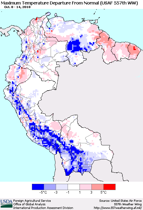 Northern South America Mean Maximum Temperature Departure from Normal (USAF 557th WW) Thematic Map For 10/8/2018 - 10/14/2018
