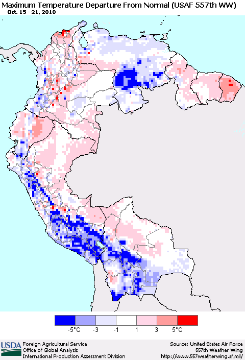 Northern South America Mean Maximum Temperature Departure from Normal (USAF 557th WW) Thematic Map For 10/15/2018 - 10/21/2018