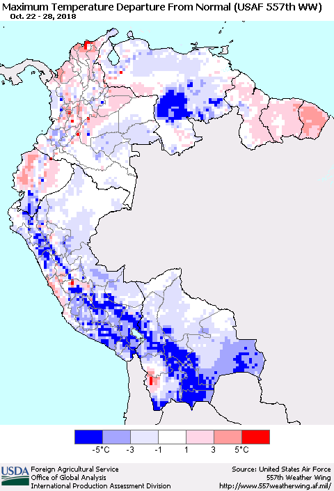 Northern South America Mean Maximum Temperature Departure from Normal (USAF 557th WW) Thematic Map For 10/22/2018 - 10/28/2018