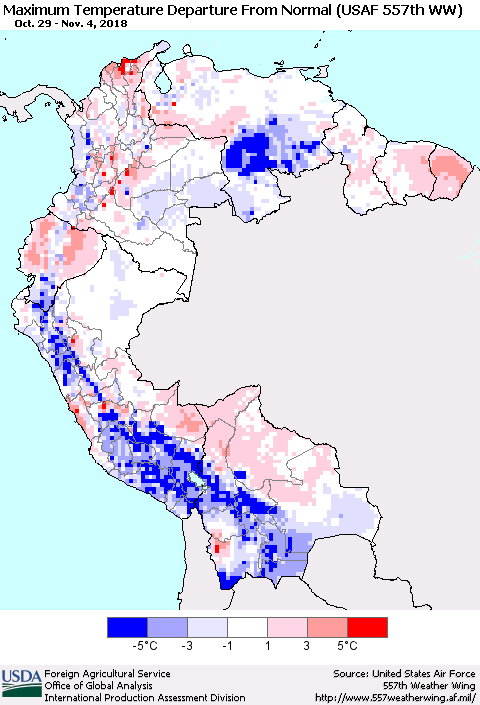 Northern South America Mean Maximum Temperature Departure from Normal (USAF 557th WW) Thematic Map For 10/29/2018 - 11/4/2018
