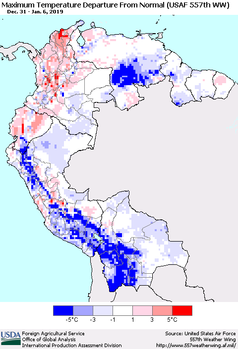 Northern South America Maximum Temperature Departure From Normal (USAF 557th WW) Thematic Map For 12/31/2018 - 1/6/2019