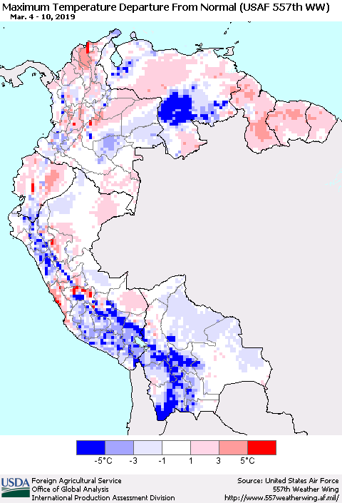 Northern South America Maximum Temperature Departure From Normal (USAF 557th WW) Thematic Map For 3/4/2019 - 3/10/2019