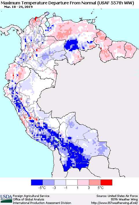 Northern South America Maximum Temperature Departure From Normal (USAF 557th WW) Thematic Map For 3/18/2019 - 3/24/2019