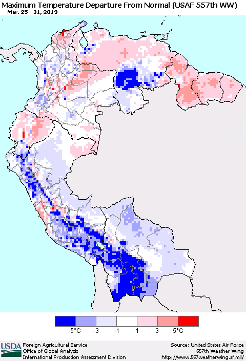 Northern South America Mean Maximum Temperature Departure from Normal (USAF 557th WW) Thematic Map For 3/25/2019 - 3/31/2019