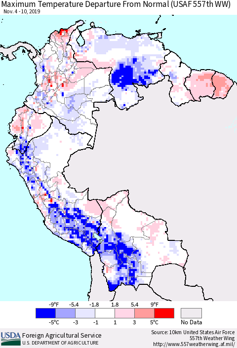 Northern South America Maximum Temperature Departure From Normal (USAF 557th WW) Thematic Map For 11/4/2019 - 11/10/2019