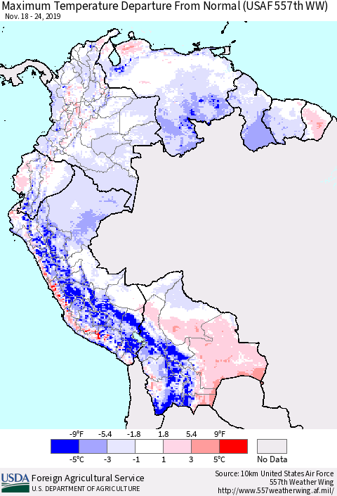 Northern South America Maximum Temperature Departure From Normal (USAF 557th WW) Thematic Map For 11/18/2019 - 11/24/2019