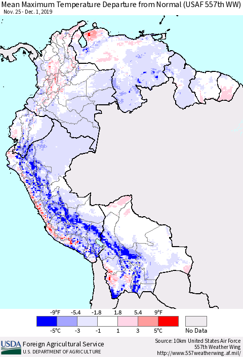 Northern South America Maximum Temperature Departure From Normal (USAF 557th WW) Thematic Map For 11/25/2019 - 12/1/2019