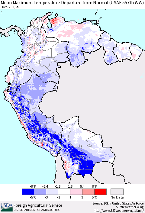 Northern South America Maximum Temperature Departure From Normal (USAF 557th WW) Thematic Map For 12/2/2019 - 12/8/2019