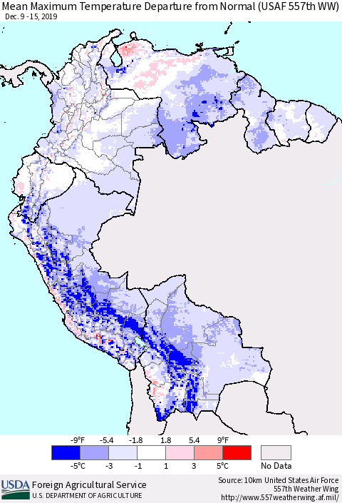 Northern South America Maximum Temperature Departure From Normal (USAF 557th WW) Thematic Map For 12/9/2019 - 12/15/2019