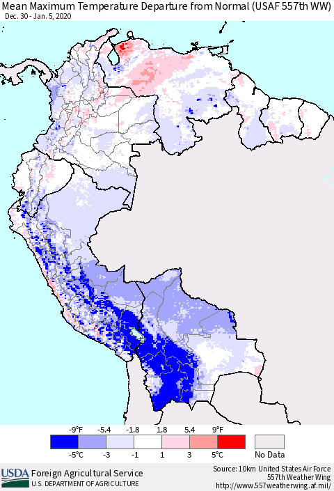 Northern South America Maximum Temperature Departure From Normal (USAF 557th WW) Thematic Map For 12/30/2019 - 1/5/2020