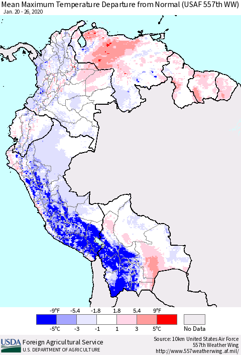 Northern South America Maximum Temperature Departure From Normal (USAF 557th WW) Thematic Map For 1/20/2020 - 1/26/2020