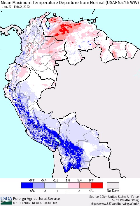 Northern South America Maximum Temperature Departure From Normal (USAF 557th WW) Thematic Map For 1/27/2020 - 2/2/2020