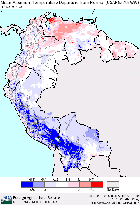 Northern South America Maximum Temperature Departure From Normal (USAF 557th WW) Thematic Map For 2/3/2020 - 2/9/2020