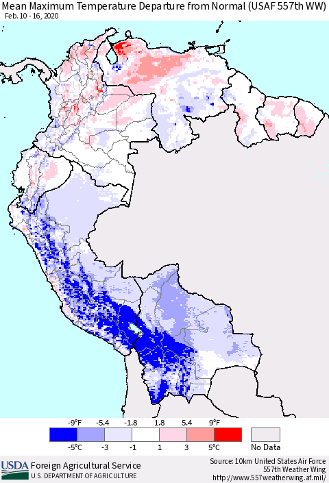 Northern South America Maximum Temperature Departure From Normal (USAF 557th WW) Thematic Map For 2/10/2020 - 2/16/2020