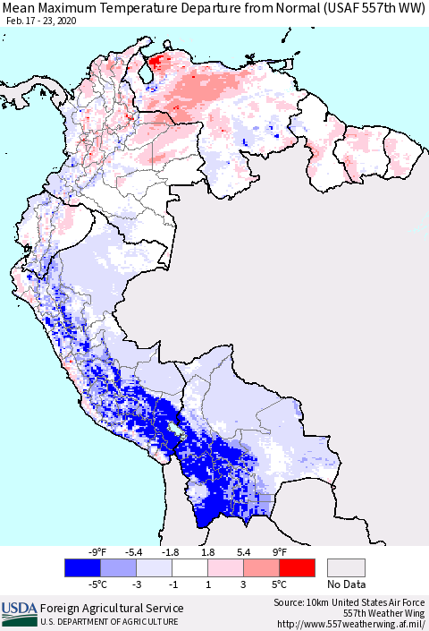 Northern South America Maximum Temperature Departure From Normal (USAF 557th WW) Thematic Map For 2/17/2020 - 2/23/2020