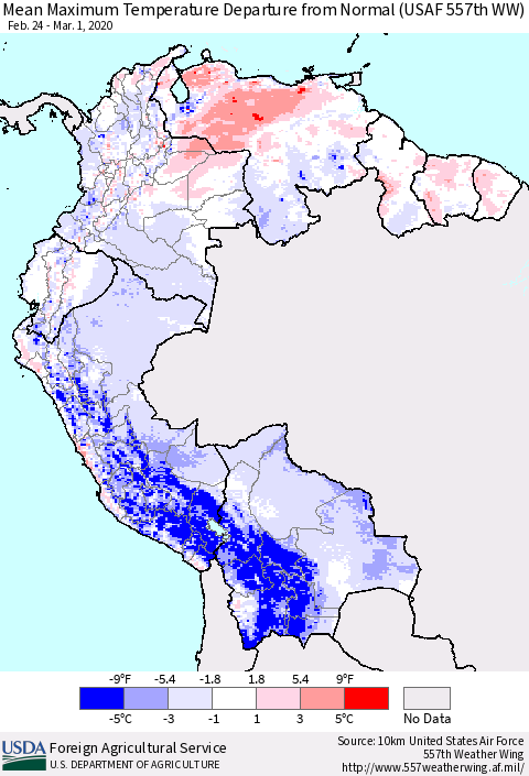 Northern South America Maximum Temperature Departure From Normal (USAF 557th WW) Thematic Map For 2/24/2020 - 3/1/2020