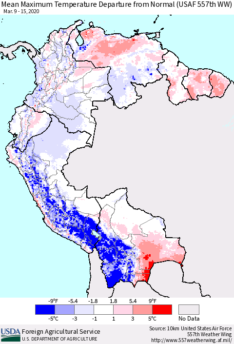 Northern South America Maximum Temperature Departure From Normal (USAF 557th WW) Thematic Map For 3/9/2020 - 3/15/2020