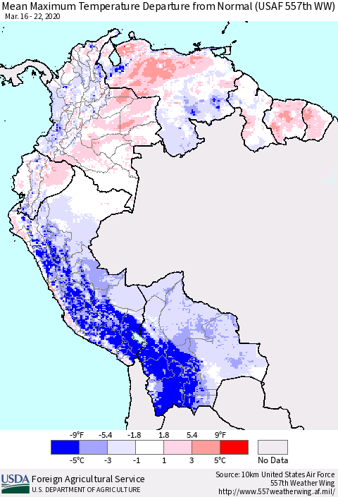 Northern South America Maximum Temperature Departure From Normal (USAF 557th WW) Thematic Map For 3/16/2020 - 3/22/2020